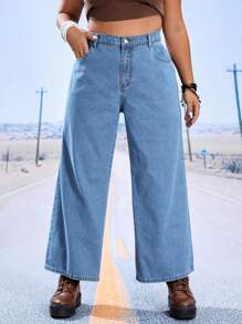 SHEIN EZwear 大碼高腰闊腿牛仔褲 - 淺色水洗藍 - 查看 3