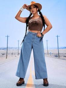 SHEIN EZwear 大碼高腰闊腿牛仔褲 - 淺色水洗藍 - 查看 1