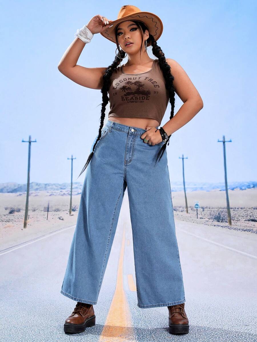 SHEIN EZwear 大碼高腰闊腿牛仔褲 - 淺色水洗藍 - 查看 1