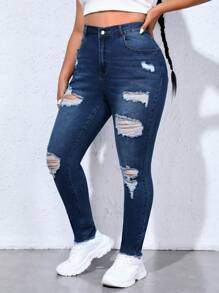 Plus High Waist Ripped Raw Cut Skinny Jeans - Dark Wash - View 5