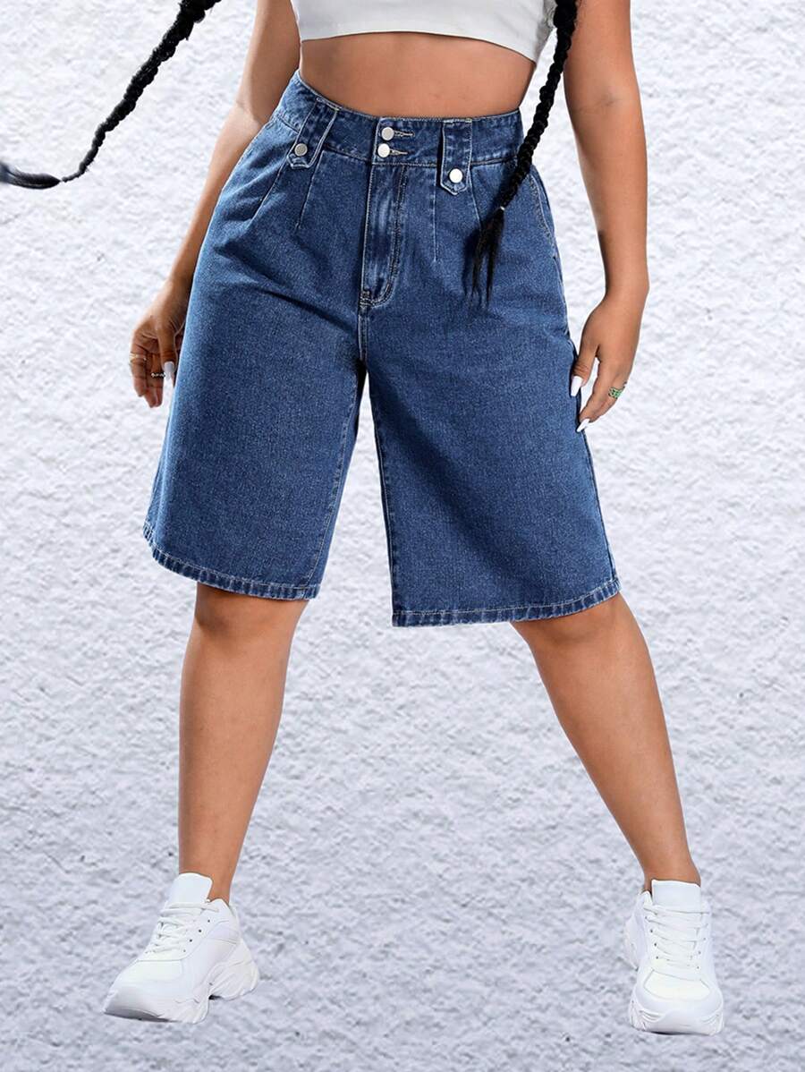 SHEIN EZwear Quần Denim kích thước lớn Nút Túi Dây kéo Uốn nếp màu trơn - Rửa tối - Xem 1