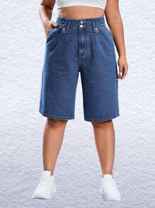 SHEIN EZwear Quần Denim kích thước lớn Nút Túi Dây kéo Uốn nếp màu trơn - Rửa tối - Xem 3