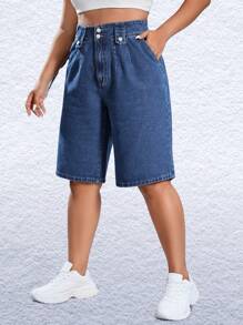 SHEIN EZwear Quần Denim kích thước lớn Nút Túi Dây kéo Uốn nếp màu trơn - Rửa tối - Xem 6