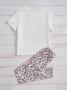 SHEIN 適合青春期女孩的愛心和字母圖形t恤和豹紋打底褲 - 彩色 - 查看 2