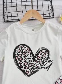 SHEIN 適合青春期女孩的愛心和字母圖形t恤和豹紋打底褲 - 彩色 - 查看 3