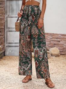 SHEIN Holidaya Quần nữ Thắt lưng Paisley Boho - màu xanh lá - Xem 6