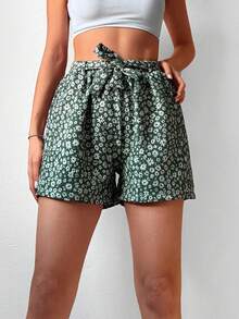 EURMUSE Ditsy Floral Print Tie Front Shorts - Green - View 5