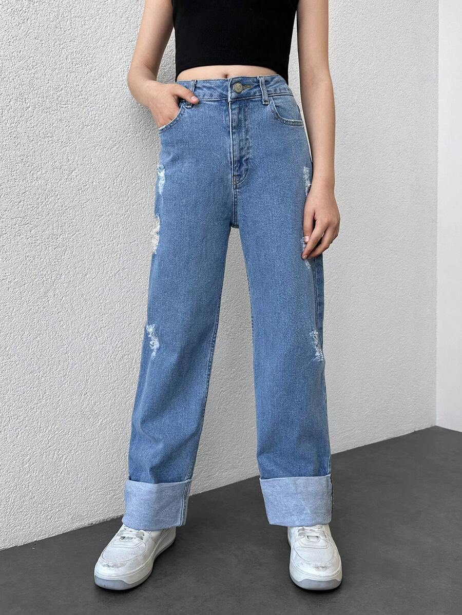 RueChic Teen Girls Ripped Straight Leg Jeans - Medium Wash - View 1