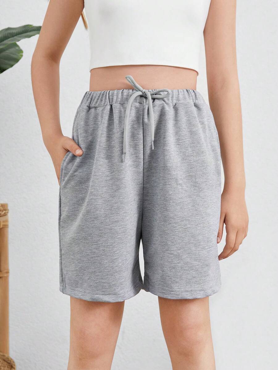 RueChic Teen Girls Drawstring Waist Track Shorts - Light Grey - View 1