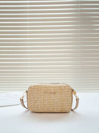 迷你草編包金屬字母裝飾度假風格防水沙灘包,便攜手提包適用於戶外運動,流行橡膠旅行船游泳托特包