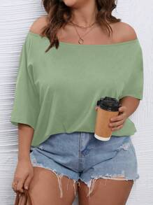 Calvaya Camiseta unicolor de hombros descubiertos de manga murciélago - Verde Oliva - Ver 5