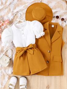 Bộ thời trang bé gái Nút phía trước Khối Màu Dễ thương - Nhiều màu - Xem 1