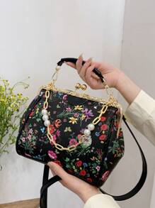 人造珍珠裝飾方包花朵圖案頂部單條提帶 - 黑色 - 查看 1