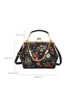 人造珍珠裝飾方包花朵圖案頂部單條提帶 - 黑色 - 查看 4