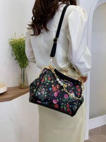 人造珍珠裝飾方包花朵圖案頂部單條提帶 - 黑色 - 查看 5