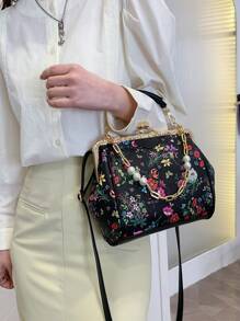 人造珍珠裝飾方包花朵圖案頂部單條提帶 - 黑色 - 查看 6