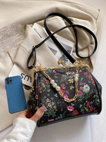 人造珍珠裝飾方包花朵圖案頂部單條提帶 - 黑色 - 查看 8