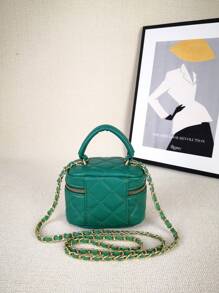 Mini Quilted Bucket Bag Top Handle Zipper - Màu xanh lá cây đậm - Xem 2
