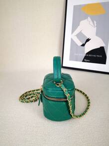 Mini Quilted Bucket Bag Top Handle Zipper - Màu xanh lá cây đậm - Xem 3