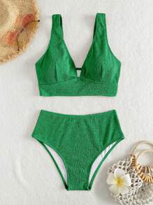 Plain High Waisted Bikini Set For Summer Beach - Green - View 1