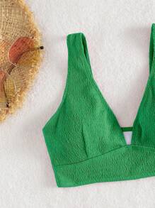 Plain High Waisted Bikini Set For Summer Beach - Green - View 4
