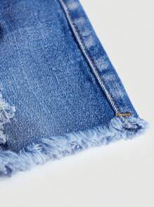 SHEIN 青少年女孩破洞毛邊牛仔半身裙