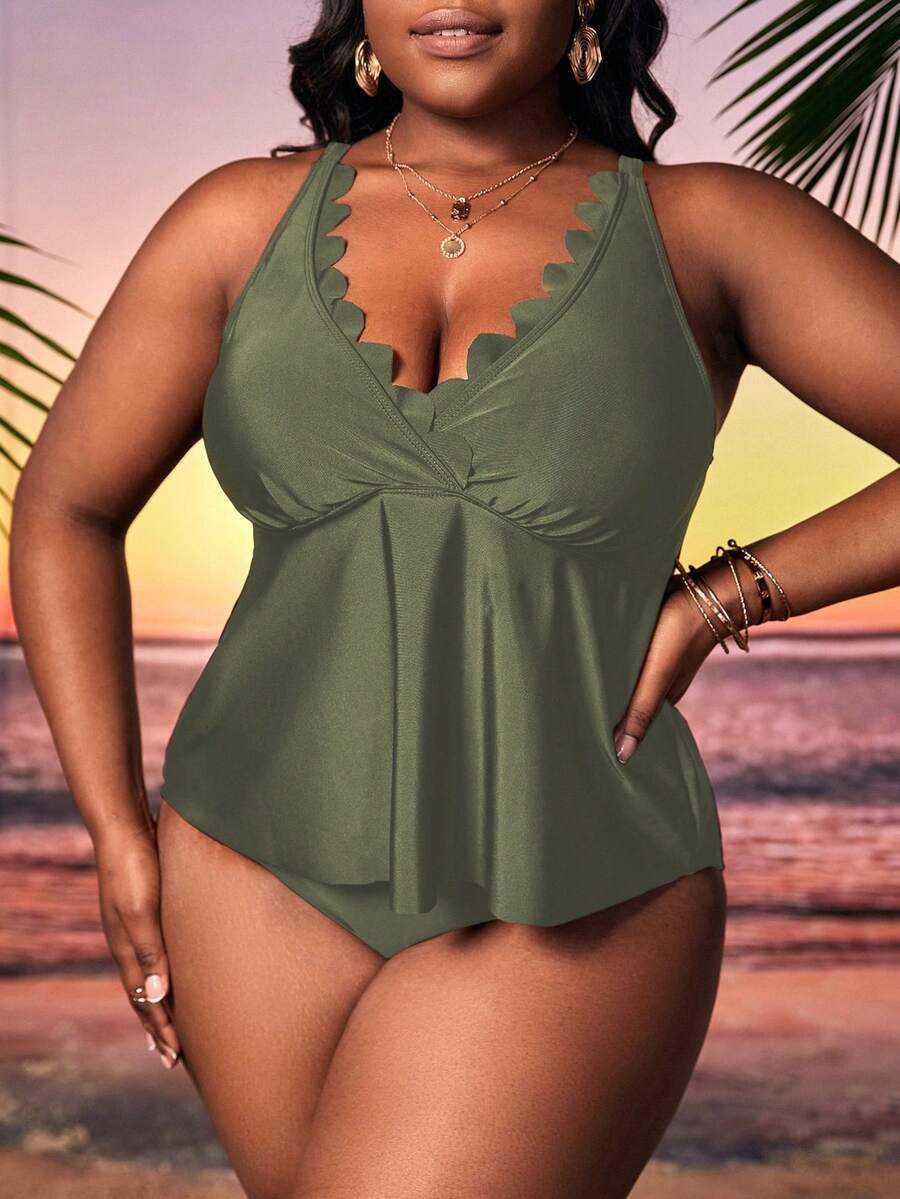 Plus Size Scallop Trim Halter Tankini Summer Beach - Army Green - View 1