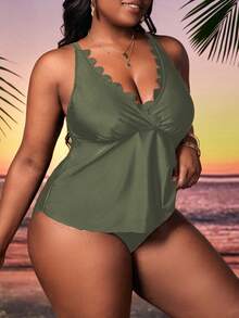 Plus Size Scallop Trim Halter Tankini Summer Beach - Army Green - View 4