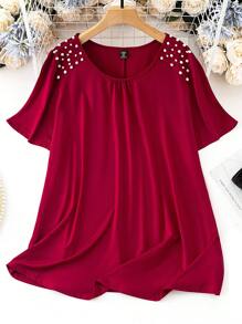 SHEIN LUNE Plus Pearls Beaded Raglan Sleeve Tee - Red - View 1