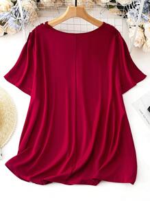 SHEIN LUNE Plus Pearls Beaded Raglan Sleeve Tee - Red - View 2