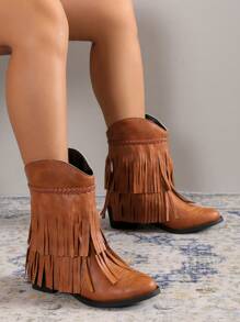 2025 秋冬新款尖头流苏系带刺绣西部靴，户外时尚一脚蹬皮靴