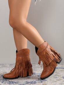 2025 秋冬新款尖头流苏系带刺绣西部靴，户外时尚一脚蹬皮靴