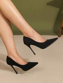 女性極簡風格尖頭細跟仿麂皮優雅高跟鞋 - 黑色 - 查看 4