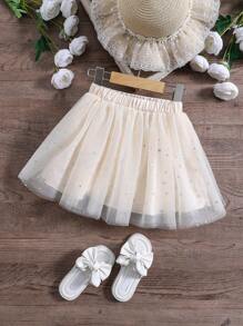 SHEIN Toddler Girls Star Mesh Overlay Skirt - Champagne - View 1