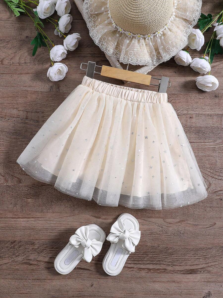 SHEIN Toddler Girls Star Mesh Overlay Skirt - Champagne - View 1