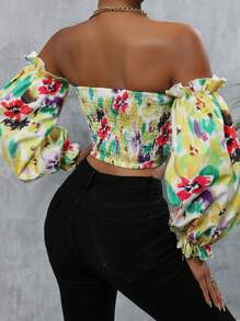 SHEIN Privé Áo sơ mi nữ viền lá sen Dải chun Hoa Boho - Nhiều màu - Xem 2