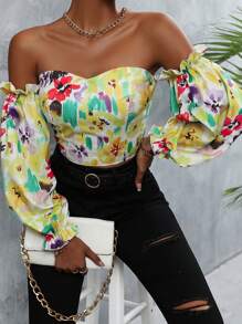 SHEIN Privé Áo sơ mi nữ viền lá sen Dải chun Hoa Boho - Nhiều màu - Xem 5