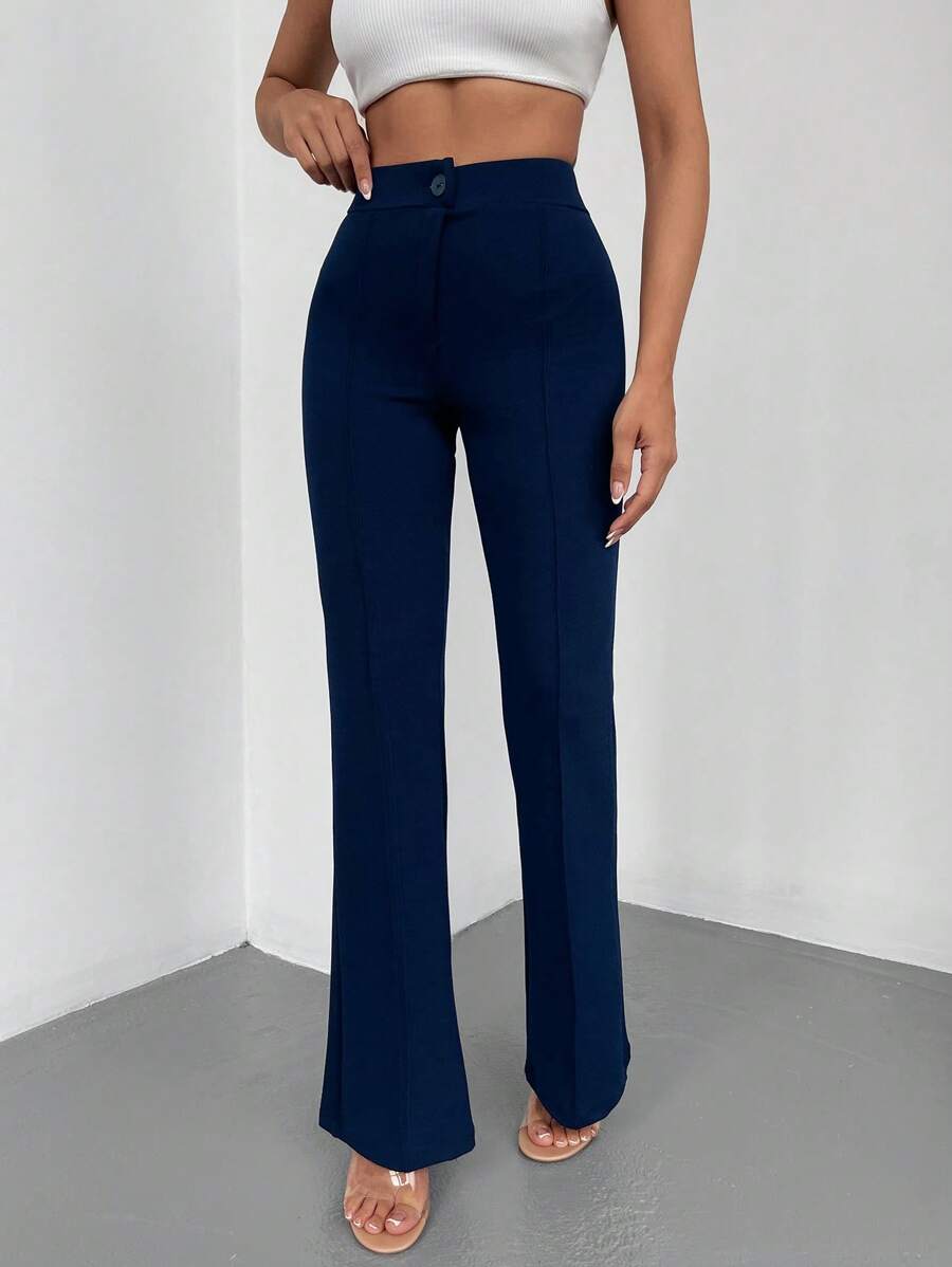 RueChic Solid Flare Leg Trousers - Navy Blue - View 1
