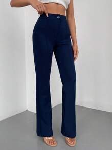 RueChic Solid Flare Leg Trousers - Navy Blue - View 3