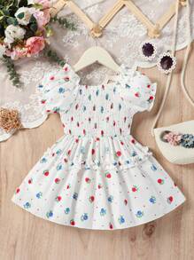 SHEIN Baby Floral Print Puff Sleeve Ruffle Trim Dress