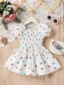 SHEIN Baby Floral Print Puff Sleeve Ruffle Trim Dress