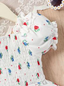 SHEIN Baby Floral Print Puff Sleeve Ruffle Trim Dress