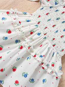 SHEIN Baby Floral Print Puff Sleeve Ruffle Trim Dress