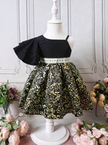 SHEIN Baby Floral Print Asymmetrical Neck Ruffle Trim Dress - Black - View 1