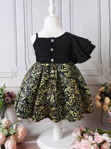SHEIN Baby Floral Print Asymmetrical Neck Ruffle Trim Dress - Black - View 2