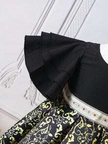 SHEIN Baby Floral Print Asymmetrical Neck Ruffle Trim Dress - Black - View 4