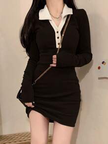 拼接領前紐扣緊身洋裝