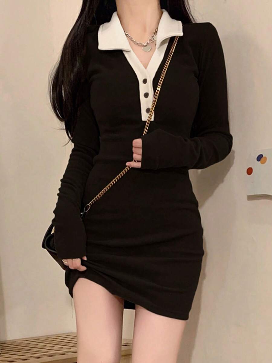 拼接領前紐扣緊身洋裝