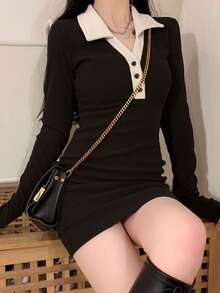 拼接領前紐扣緊身洋裝