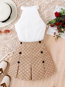 SHEIN Tween Girl Halter Top & Allover Print Shorts - Multicolor - View 1